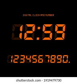 Digital clock and number set, Electronic figures. Orange Digital LED numbers. Black background. Isolated icon. Flat style vector illustration.