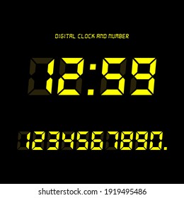 Digital clock and number set, Electronic figures. Yellow Digital LED numbers. Black background. Isolated icon. Flat style vector illustration.