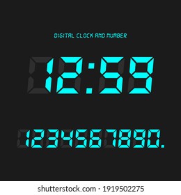 Digital clock and number set, Electronic figures. Light blue Digital LED numbers. Dark Gray background. Isolated icon. Flat style vector illustration.