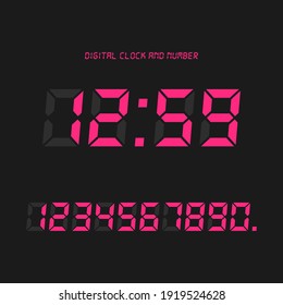 Digital clock and number set, Electronic figures. Deep pink Digital LED numbers. Dark Gray background. Isolated icon. Flat style vector illustration.