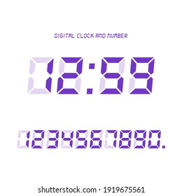 Digital clock and number set, Electronic figures. Dark purple Digital LED numbers. White background. Isolated icon. Flat style vector illustration.