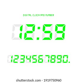 Digital clock and number set, Electronic figures. Green Digital LED numbers. White background. Isolated icon. Flat style vector illustration.