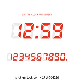 Digital clock and number set, Electronic figures. Red Digital LED numbers. White background. Isolated icon. Flat style vector illustration.