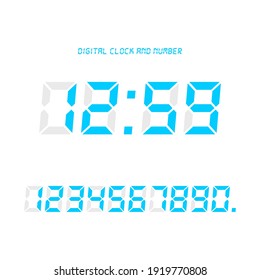 Digital clock and number set, Electronic figures. Sky blue Digital LED numbers. White background. Isolated icon. Flat style vector illustration.