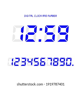 Digital clock and number set, Electronic figures. Blue Digital LED numbers. White background. Isolated icon. Flat style vector illustration.