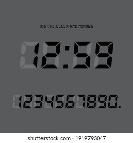 Digital clock and number set, Electronic figures. Black Digital LED numbers. Gray background. Isolated icon. Flat style vector illustration.