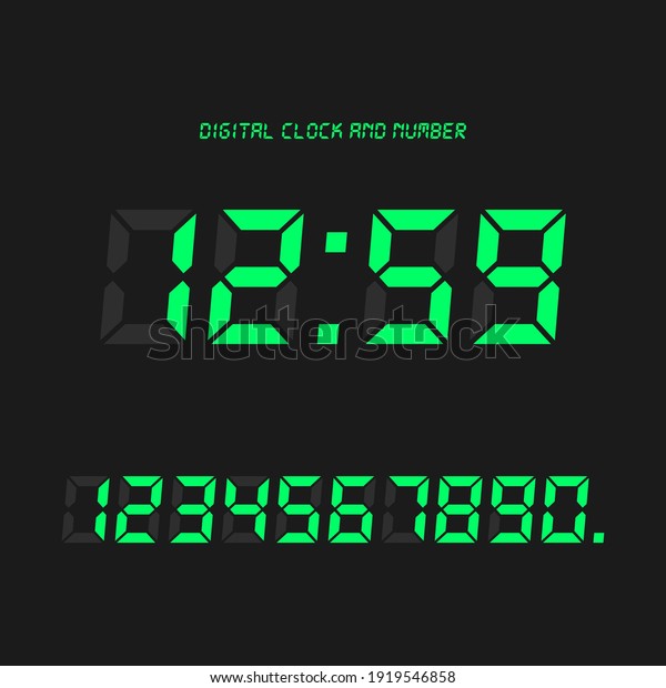 Digital clock and number set, Electronic\
figures. Light green Digital LED numbers. Dark Gray background.\
Isolated icon. Flat style vector\
illustration.