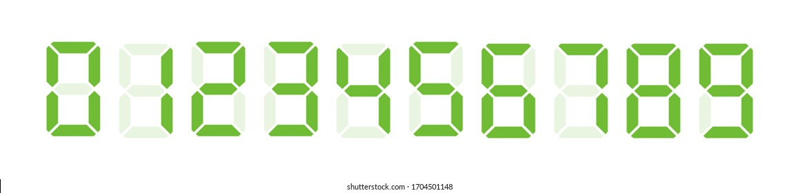 Digital clock number set. Green Led digit set. Electronic figures. Vector illustration.
