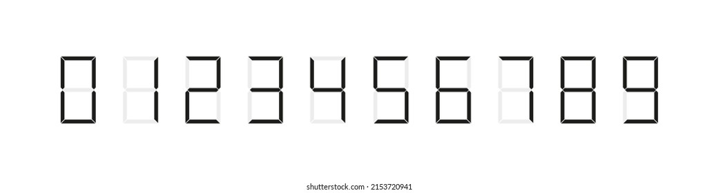 Digital clock number set. Led digit set. Calculator digital numbers. Electronic figures from 0 to 9. Vector illustration isolated on white.