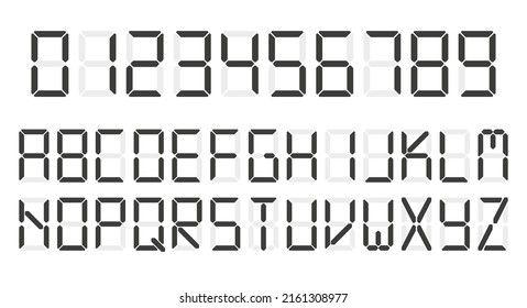 Digital clock number set. Led digit alphabet. Flat vector illustration isolated on white background.