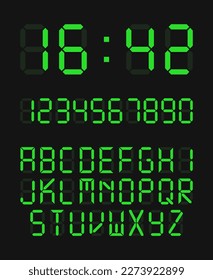 Digital clock number set. Vector illustration of electronic figures, digital font, alarm clock letters and numbers. Display with system numbers, green led symbols. Electronic figures for web design