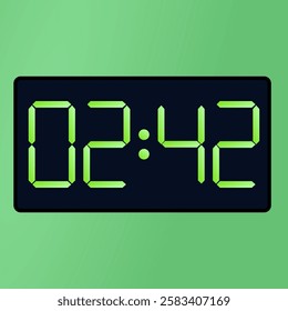 Digital clock with numbers. Black smartwatch interface displaying 02:42 vector on a green background