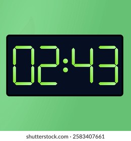 digital clock with numbers.  Black smartwatch interface displaying 02:43 vector on a green background. digital alarm clock