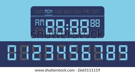 Digital clock numbers with blue illumination showing the time. Digital clock number set for interface design. Electronic figures. EPS10 Vector illustration