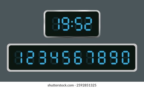 Digital Clock Numbers – Blue Retro Calculator Symbols, LCD Monitor Characters, and Scoreboard Digits