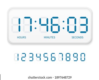 Digital clock numbers. Flat electron watch screen modern white alarm time display, timer bar font with hours, minutes and seconds. Countdown timer. Interface for electronic devices vector illustration