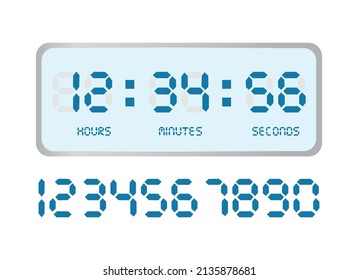 Digital clock numbers. Flat electron watch screen modern white alarm time display, timer bar font with hours, minutes and seconds. Countdown timer. Interface for electronic devices vector illustration
