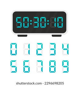 Digital clock numbers. Flat electronic clock screen, modern white alarm time display, timer font with hours, minutes and seconds. Countdown timer. Interface for electronic devices. Vector illustration