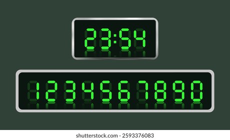 Digital Clock Numbers – Green Retro Calculator Symbols, LCD Monitor Characters, and Scoreboard Digits