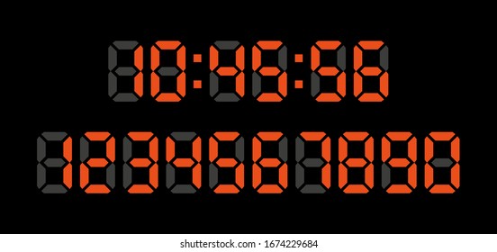 Números de reloj digitales en fondo negro. Establecer números rojos. Ilustración vectorial.