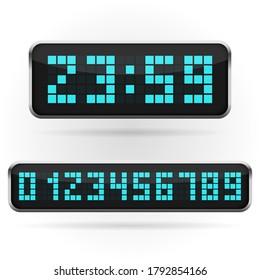 Digital clock and numbers set. Electronic alarm icon. Letters and numbers for a electronic devices. Vector template illustration.