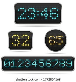 Digital clock and numbers set. Electronic alarm icon. Letters and numbers for a electronic devices. Vector template illustration.