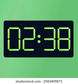 digital clock on green background. Black smartwatch interface displaying 02:38 vector on a green background. digital clock