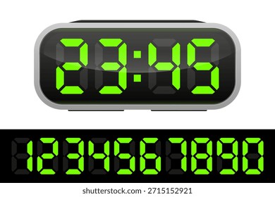 Digitale Uhr auf weißem Hintergrund. Alarm mit digitaler Nummerngestaltung. Uhrsymbol für Stunde, Uhr, Alarmzeichen. Vektorgrafik.