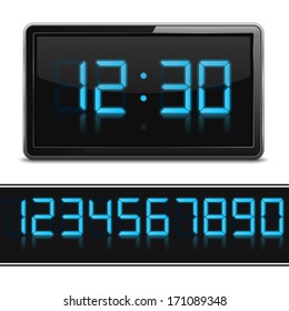 Digital Clock And Set Of Glowing Numbers, Vector Eps10 Illustration