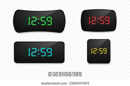 Digital clock set of glowing numbers. Realistic black electronic clocks with led numbers. Vector EPS 10