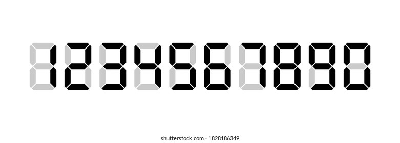 Digital clock and a set of numbers on a white background. Electronic figures. Digital glowing numbers. Stock vector.