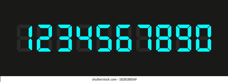 Digital clock and a set of numbers on a black background. Electronic figures. Digital glowing numbers. Stock vector.