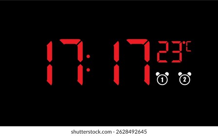 Relógio digital mostrando 17:17 com temperatura, vibrante vermelho dígitos exibidos em um fundo preto em um estilo moderno gráfico para gerenciamento de tempo