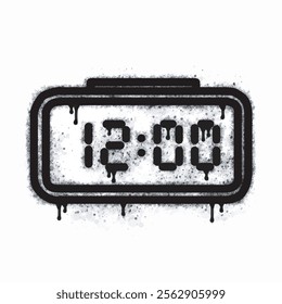 Digital clock spray icon isolated on white background. Digital clock graffiti icon sprayed in black on white background. Vector illustration.
