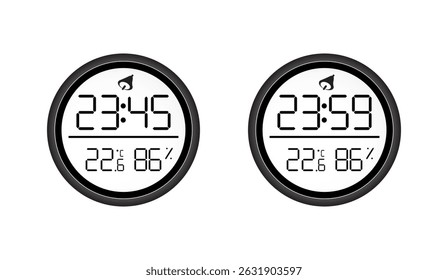 Digital Clock Thermometer Hygrometer Duo: Black Round Displays Showing Time, Temperature, and Humidity Readings for Indoor Climate Monitoring