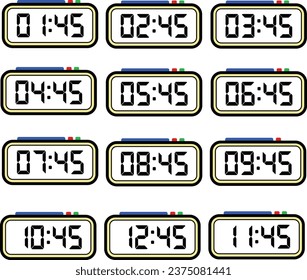 Digital Clock Time Illustration with 24 Hours Format, Digital Number Flat Vector Set