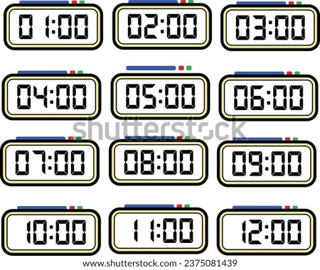 Digital Clock Time Illustration with 24 Hours Format, Digital Number Flat Vector Set