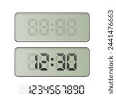 Digital clock vector illustration. Electronic watch with hours and minutes. Alarm timer, countdown, time display with numbers.