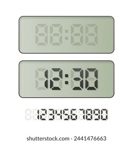 Digital clock vector illustration. Electronic watch with hours and minutes. Alarm timer, countdown, time display with numbers.