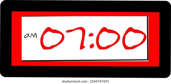 Vector digital del reloj que muestra 07:00 am, icono de Vector rojo negro plano simple