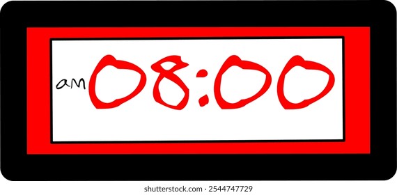 Vector digital del reloj que muestra 08:00 am, icono de Vector rojo negro plano simple