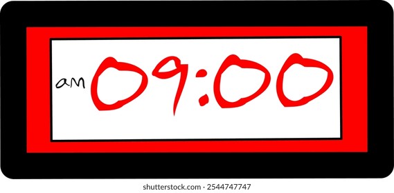 Vector digital del reloj que muestra 09:00 am, icono de Vector rojo negro plano simple