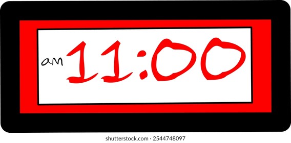 Vector digital del reloj que muestra 11:00 am, icono de Vector rojo negro plano simple