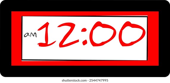 Vector digital del reloj que muestra 12:00 am, icono de Vector rojo negro plano simple