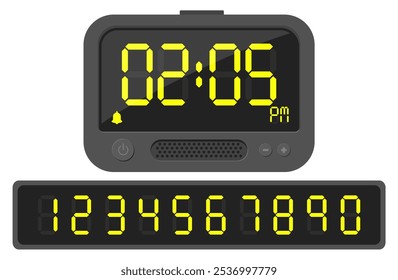 Reloj digital con números amarillos. Pantalla de reloj de alarma Electrónica. Diseño retro de pantalla brillante. Fuente de luz eléctrica. Símbolos de neón pm. Cronómetro cuenta regresiva typeset. Vector