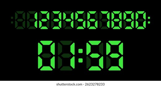 Digital clocks. Electronic numbers display. Green digits isolated on black background. Electronic watch, alarm timer, countdown. Realistic vector illustrations set.