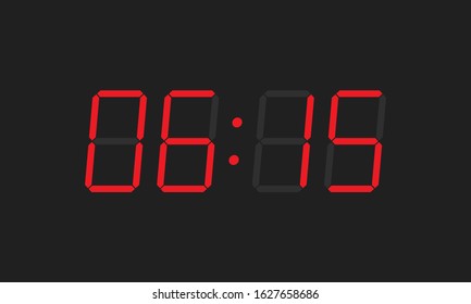 Digital closeup clock displaying 6:15. Clipart image isolated on white background