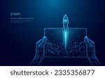 Digital close-up human hand holding tablet with abstract launching rocket. First-person view of spaceship which takeoff on dark blue background. Low poly wireframe vector illustration with 3D effect