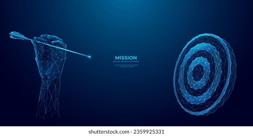 Digital close-up human hand holding a bow arrow and it is aiming at a target. Abstract business goal metaphor. Futuristic low poly wireframe vector illustration on blue technology background.