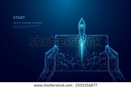 Digital close-up human hand holding tablet with abstract launching rocket. First-person view of spaceship which takeoff on dark blue background. Low poly wireframe vector illustration with 3D effect